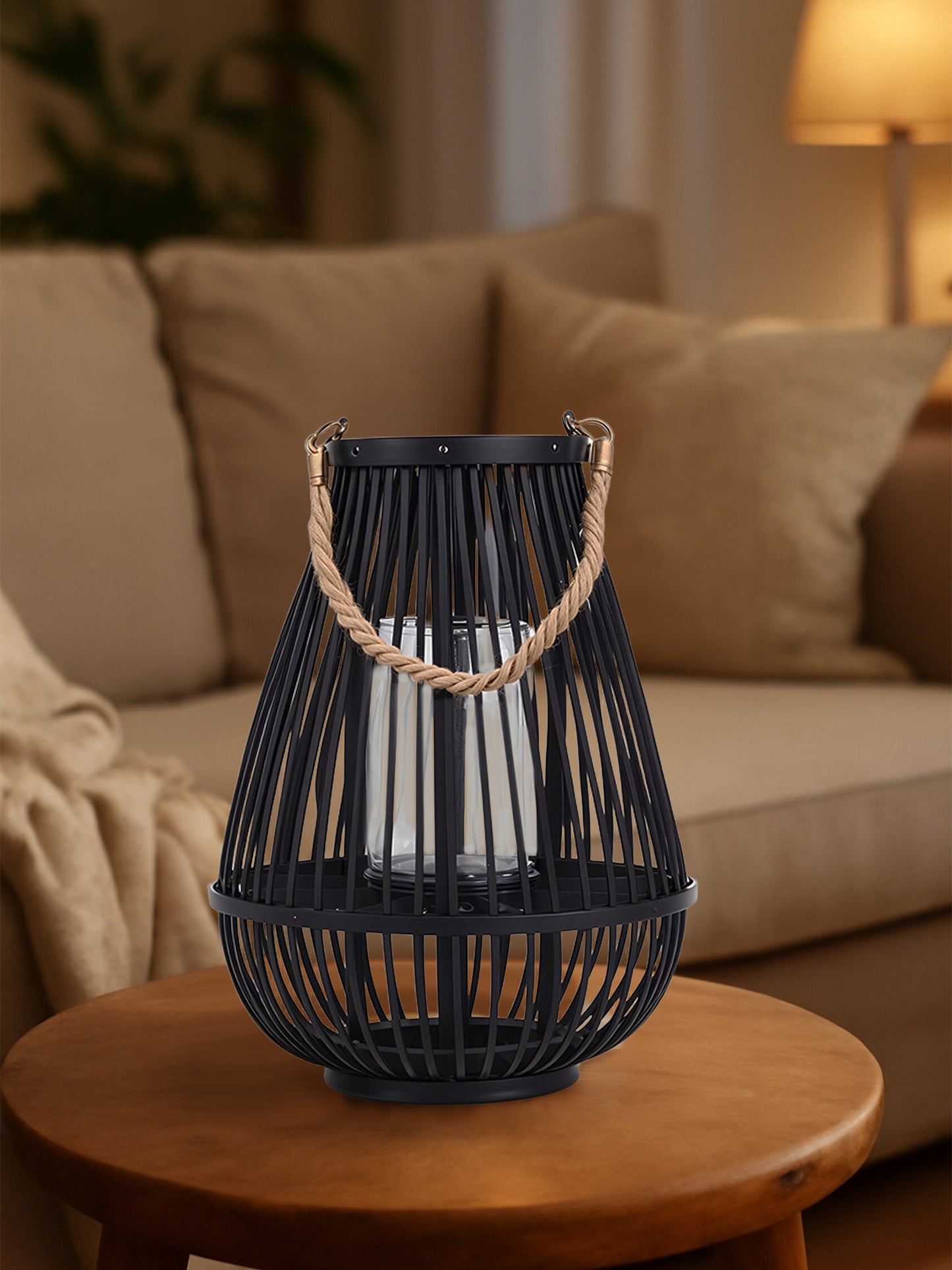 Seychelles Small Black Bamboo Lantern Candle Holder