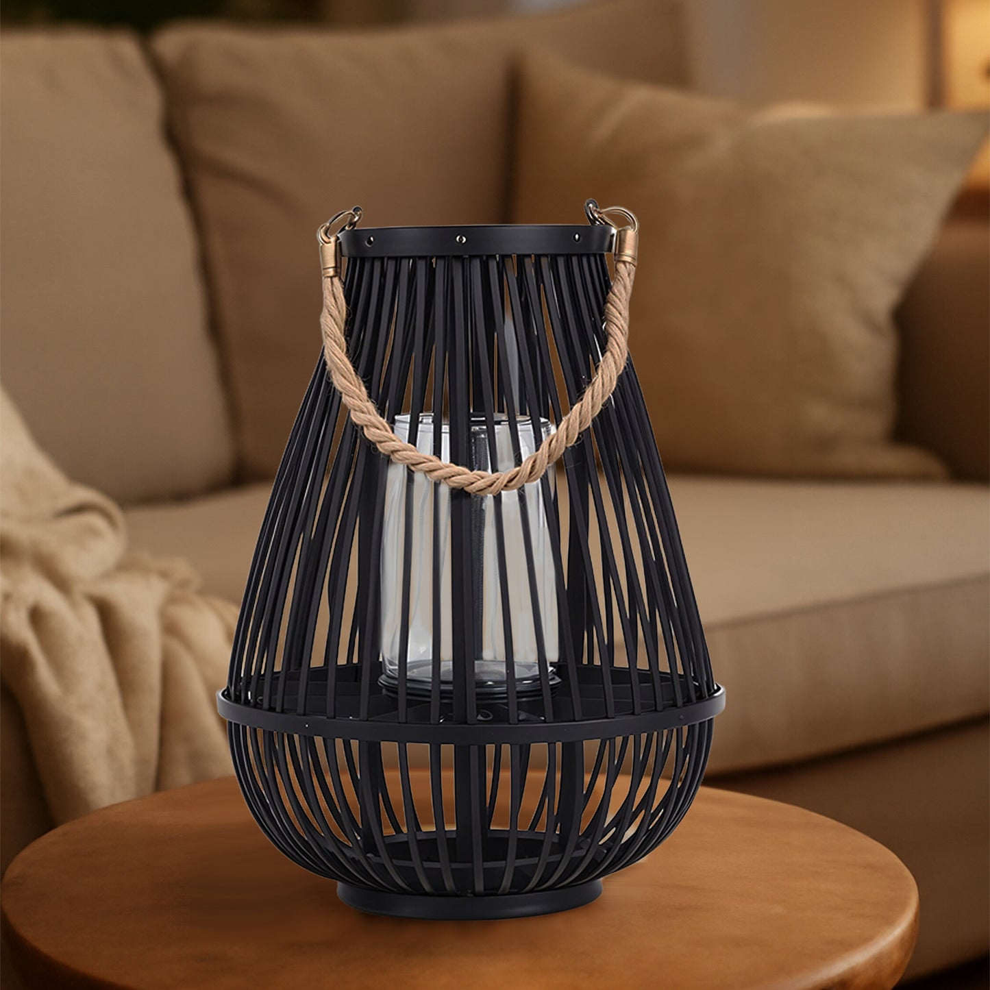 Seychelles Small Black Bamboo Lantern Candle Holder