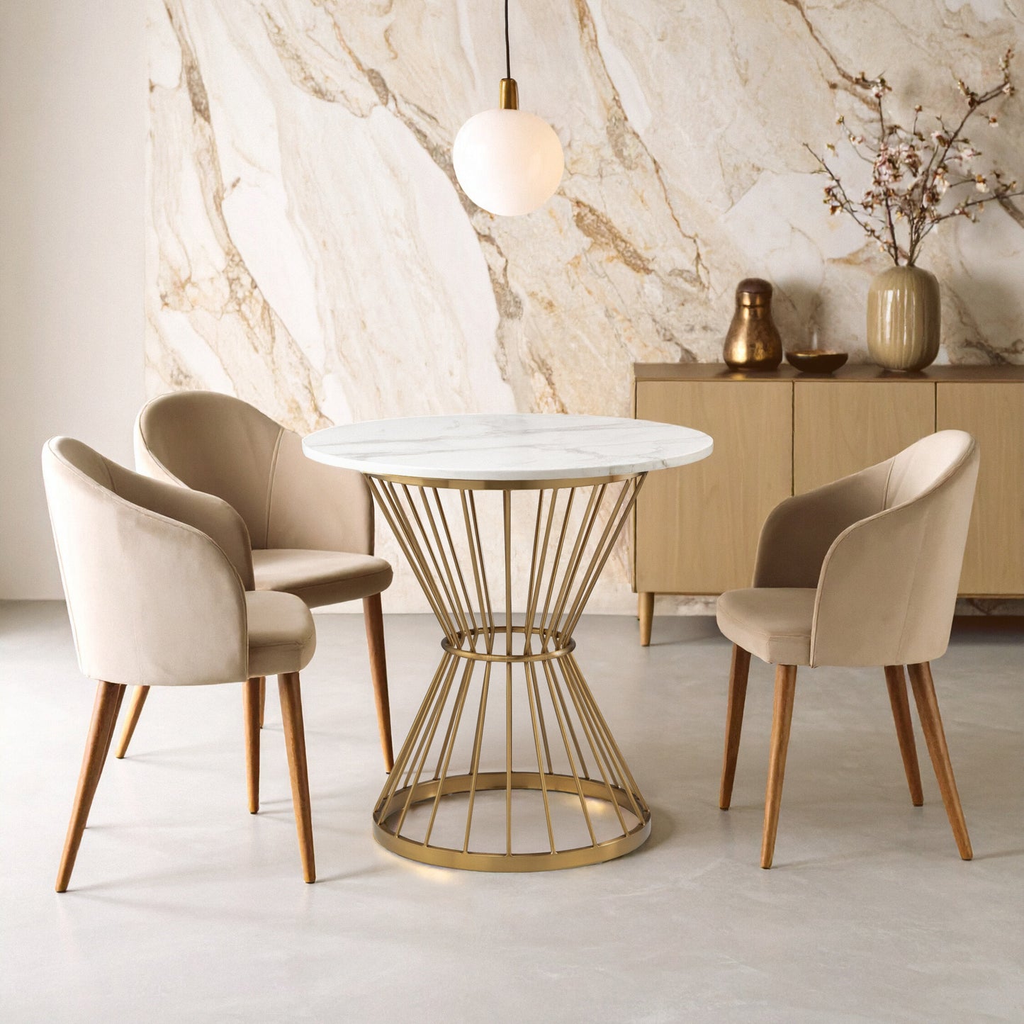 St Tropez Hourglass Dining Table with White Marble and Gold Base