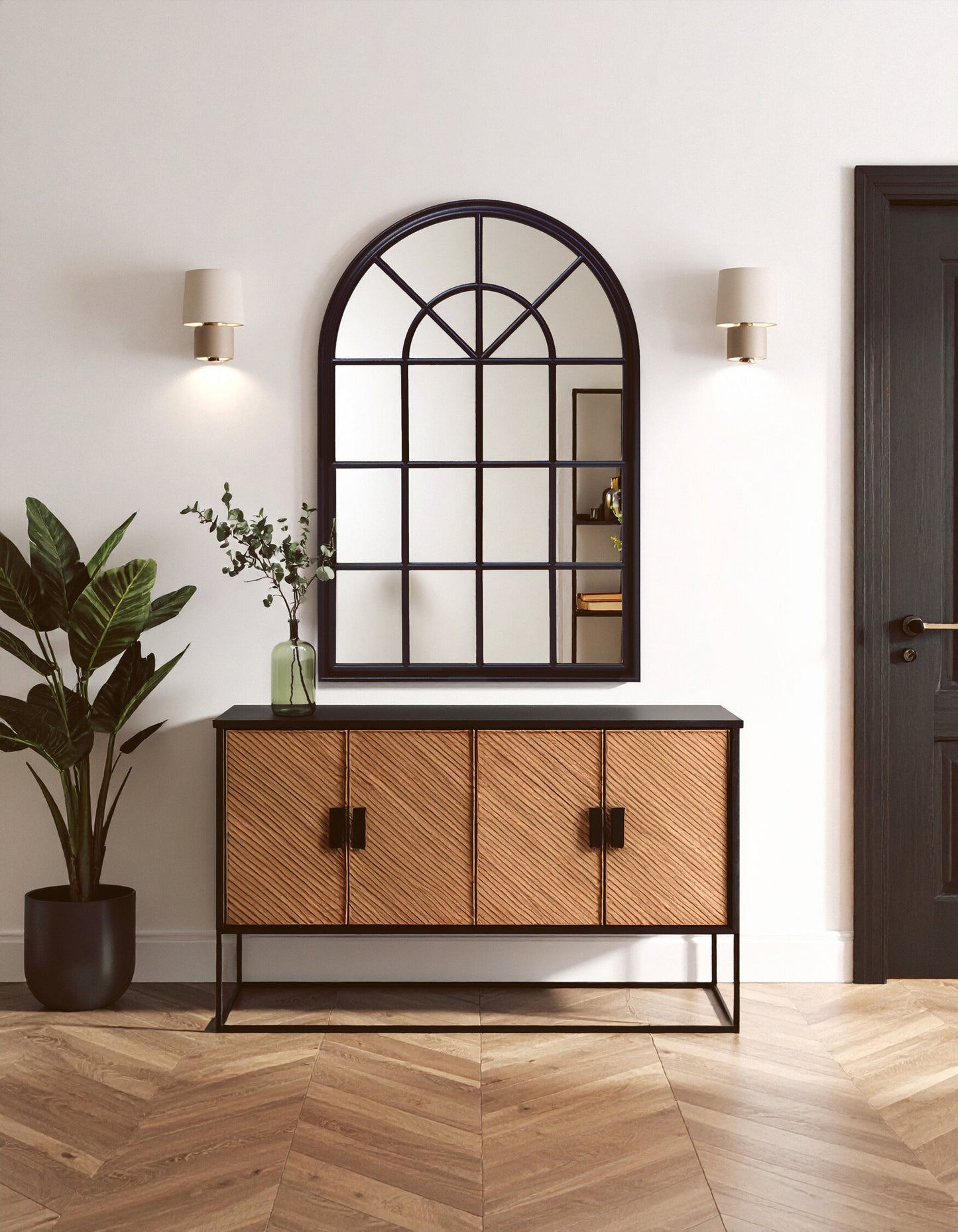 Bridgerton Black Arched Wooden Window Wall Mirror
