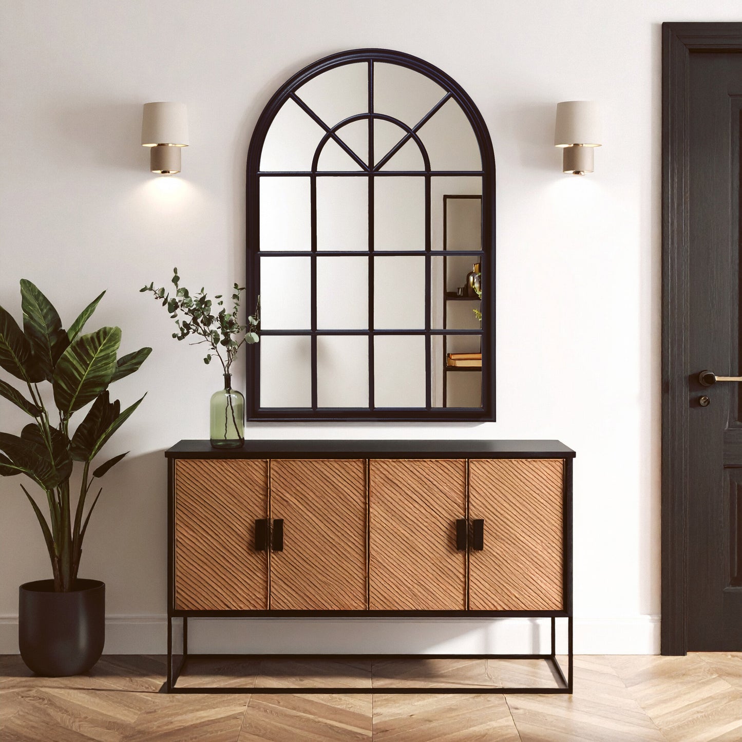 Bridgerton Black Arched Wooden Window Wall Mirror