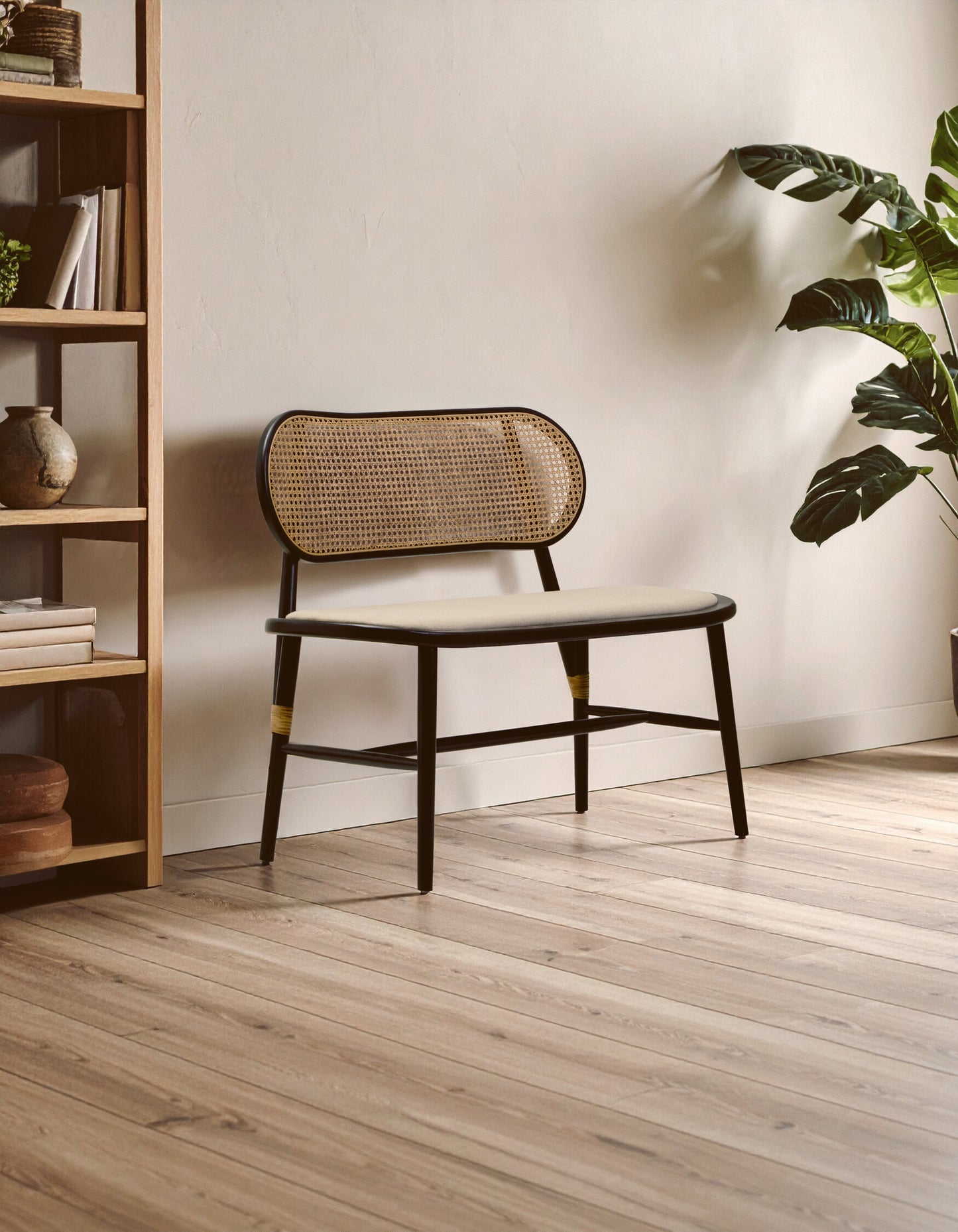 Fiji Natural Cane Bench Seat with Black Elm Wood Frame