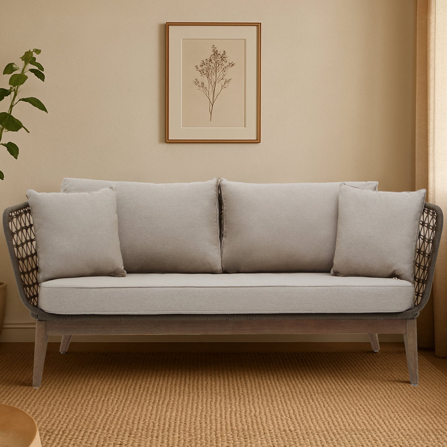 Marcus Grey Woven Rope 3 Seater Sofa with Cushions