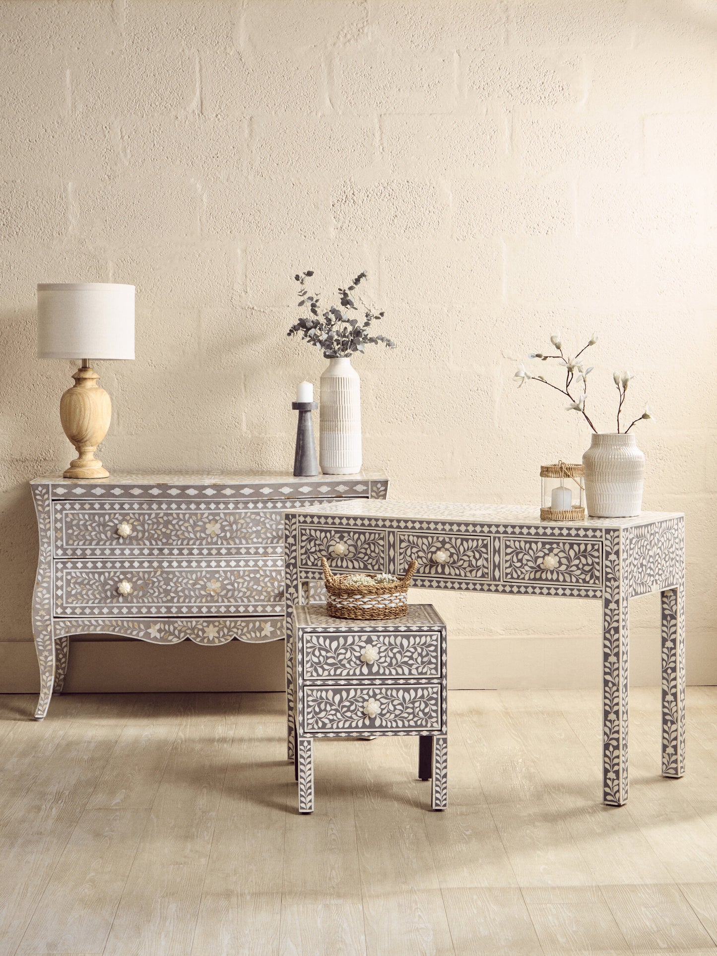 Lana Bone Inlay Desk with 3 Drawers