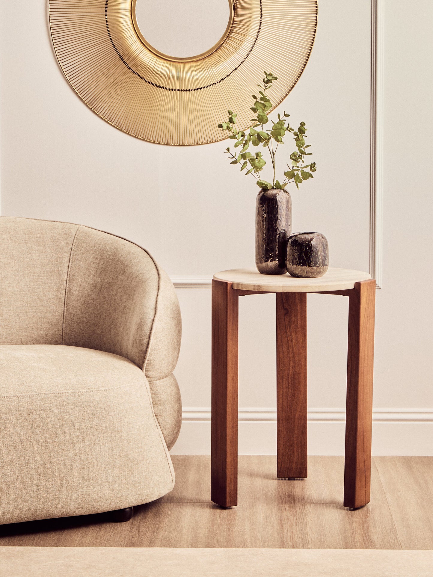 Sorrento Travertine Acacia Wood Round Side Table