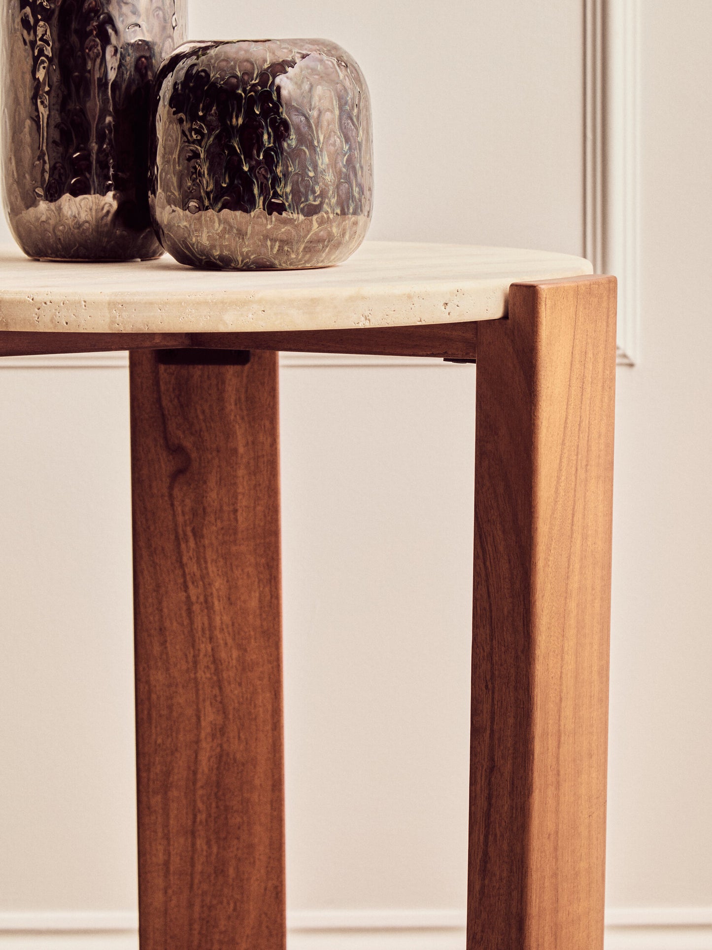 Sorrento Travertine Acacia Wood Round Side Table