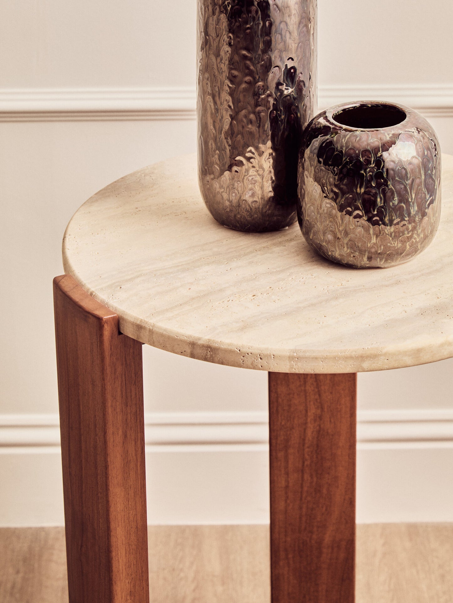 Sorrento Travertine Acacia Wood Round Side Table