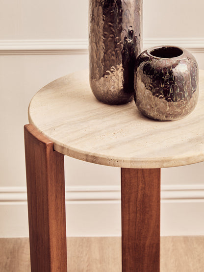 Sorrento Travertine Acacia Wood Round Side Table