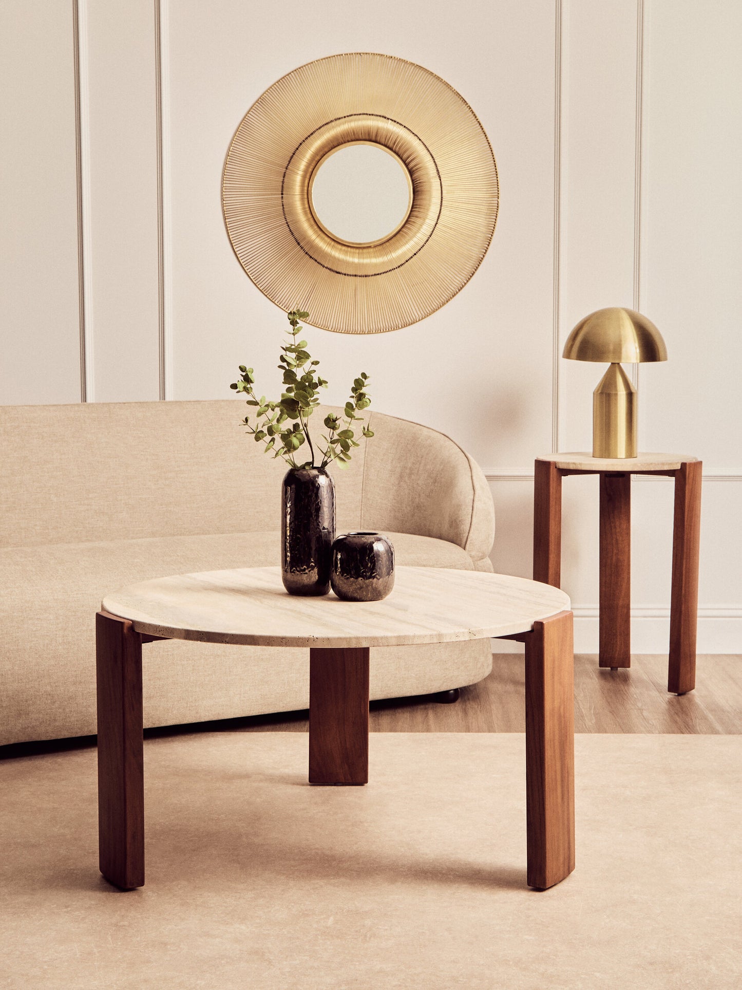Sorrento Travertine Acacia Wood Round Side Table