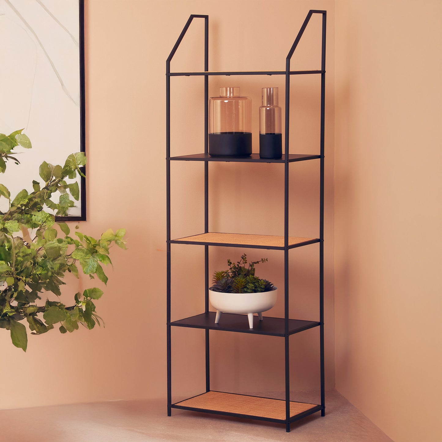 Indy Natural Rattan Industrial Two Tier Wall Shelf
