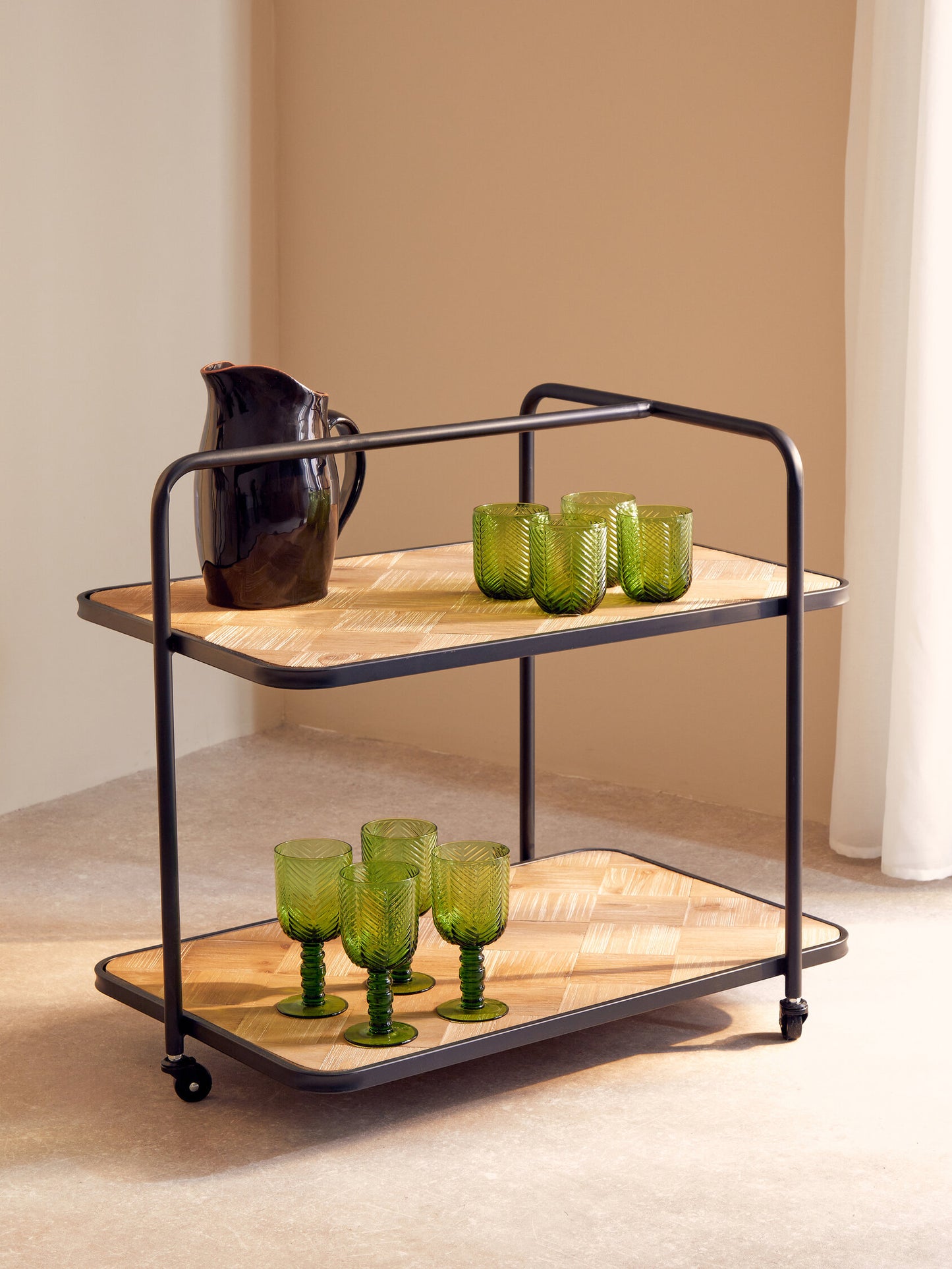 Alexander Parquet Fir Wood Industrial Bar Trolley