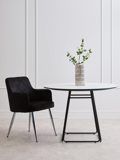 Lorena Black Velvet Quilted Dining Chair with Chrome Finish Legs