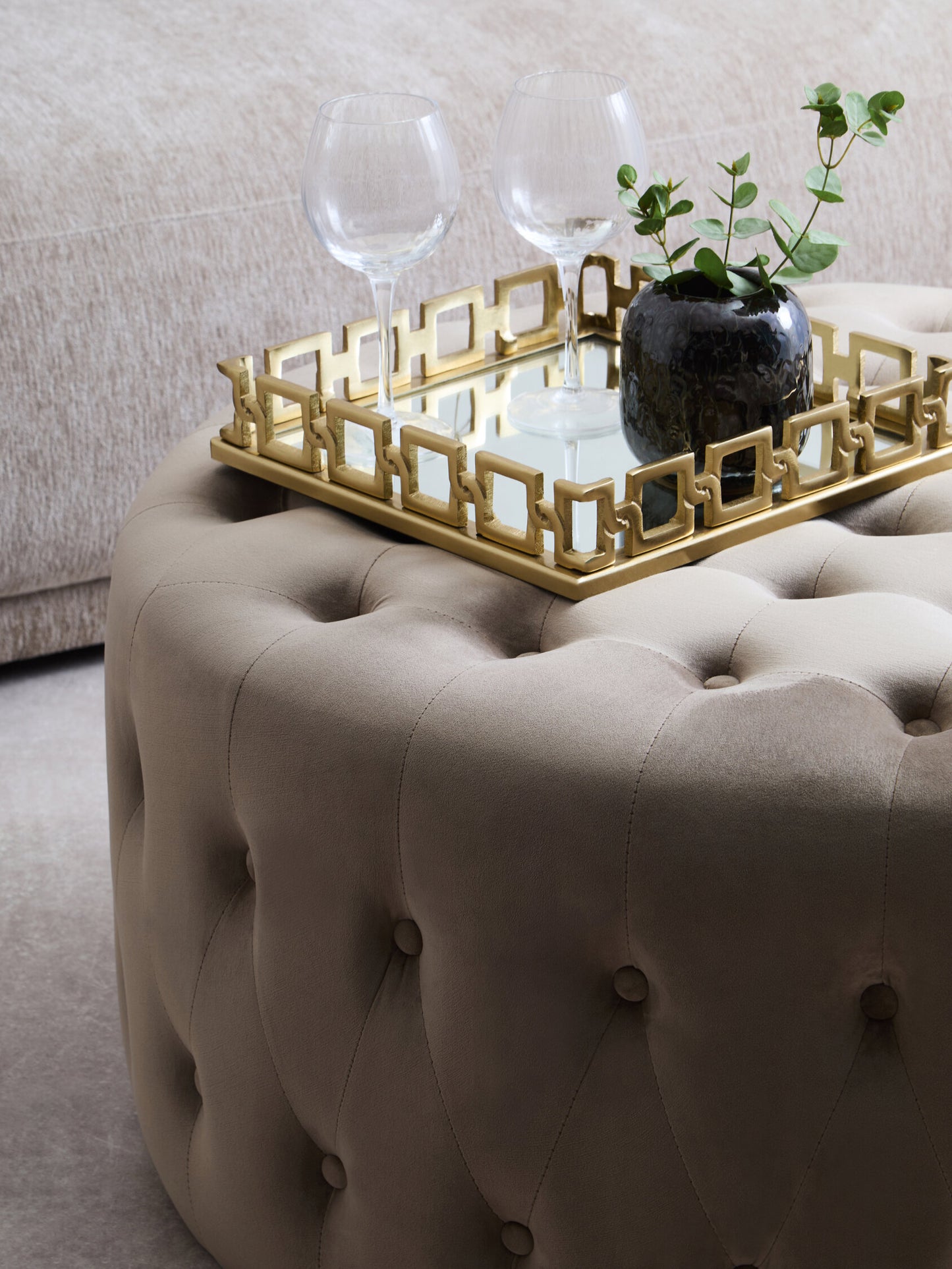 Lafayette Mink Velvet Round Tufted Footstool