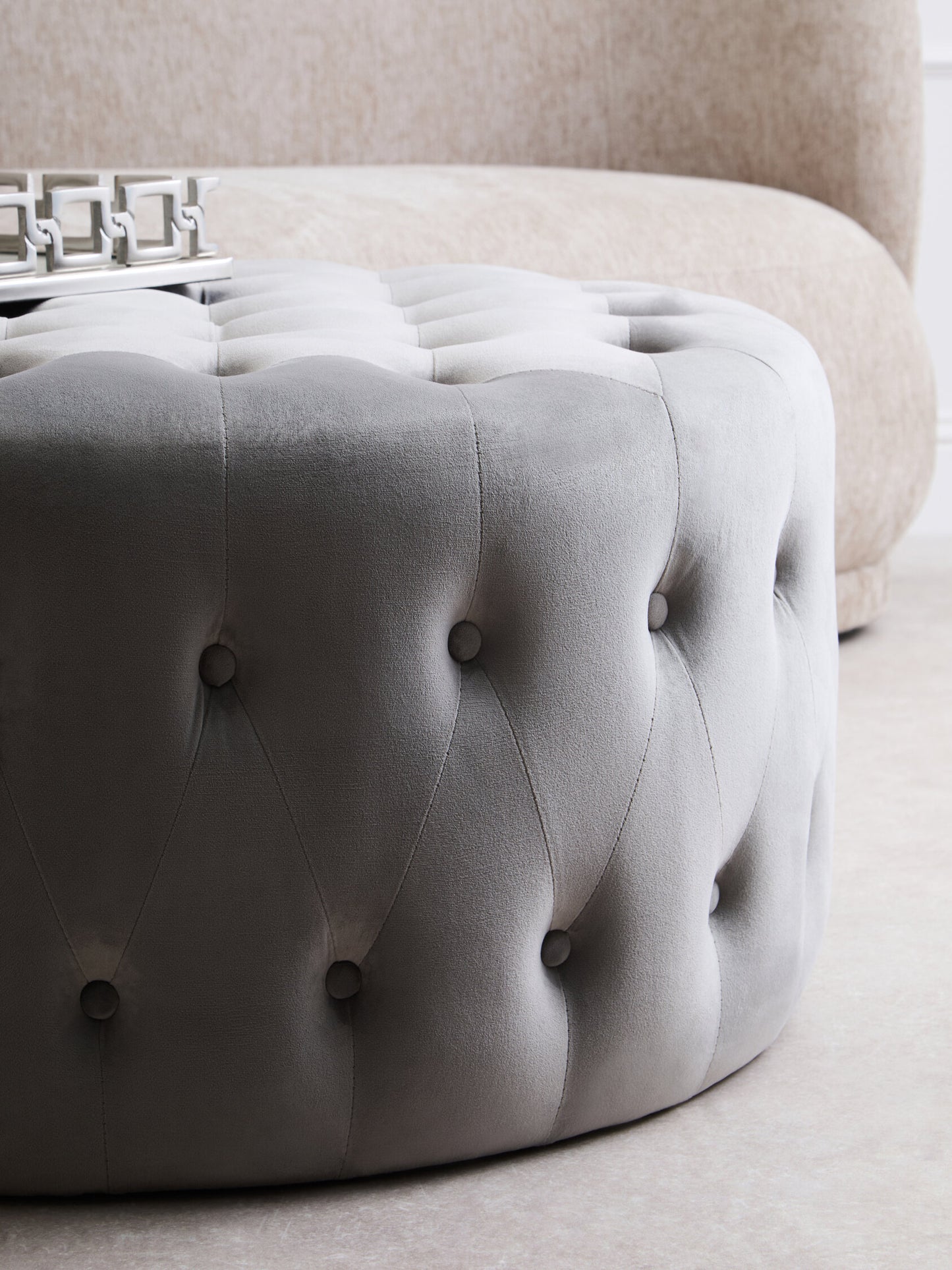 Lafayette Grey Velvet Round Tufted Footstool