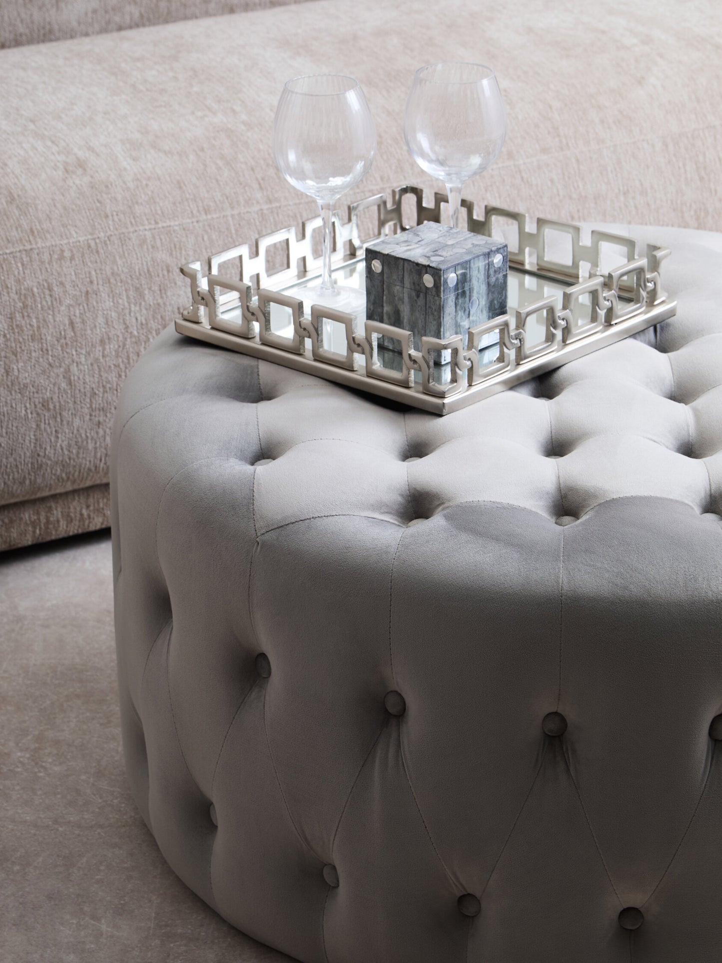 Lafayette Grey Velvet Round Tufted Footstool