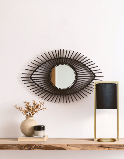 India Black Natural Rattan Eye Shape Wall Mirror