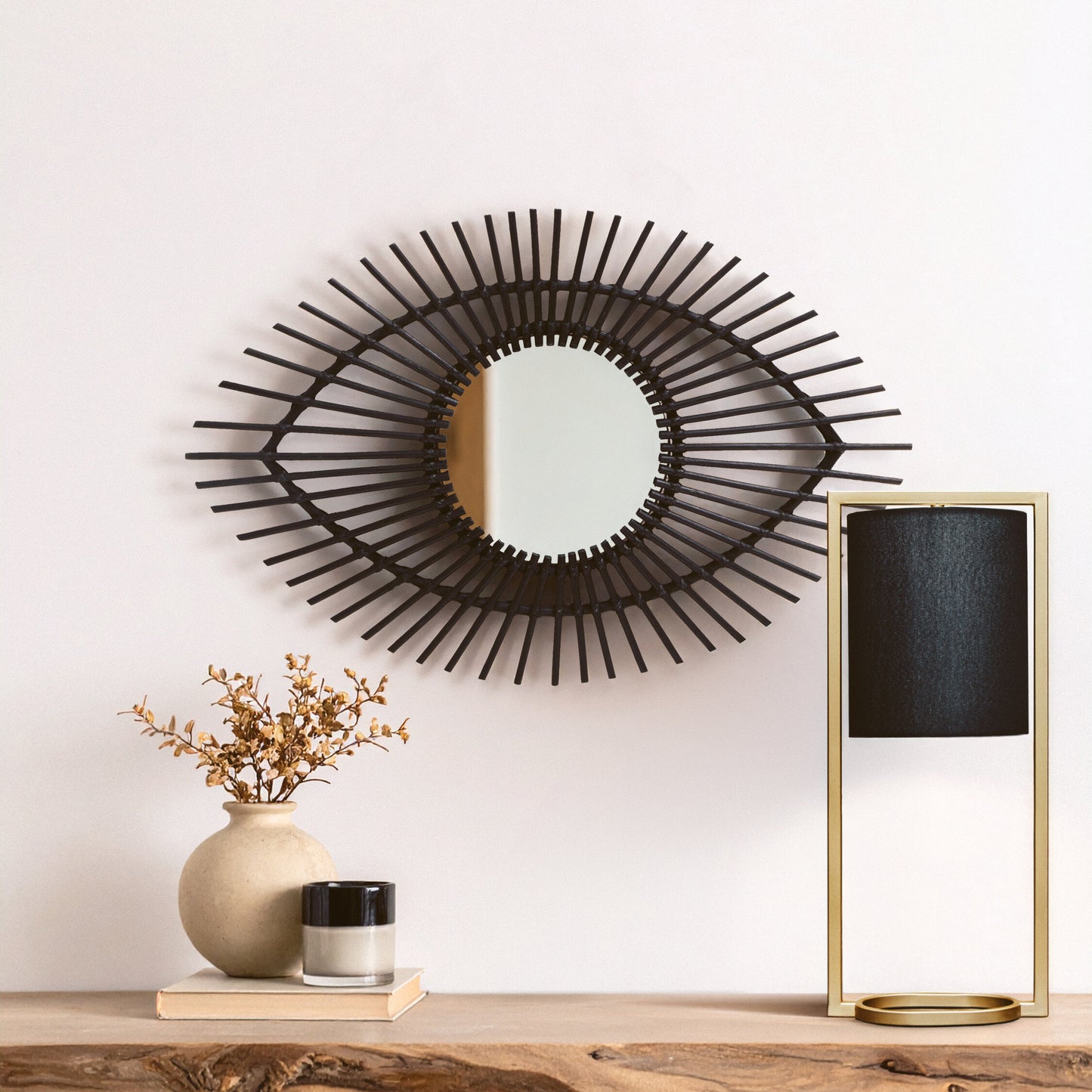 India Black Natural Rattan Eye Shape Wall Mirror