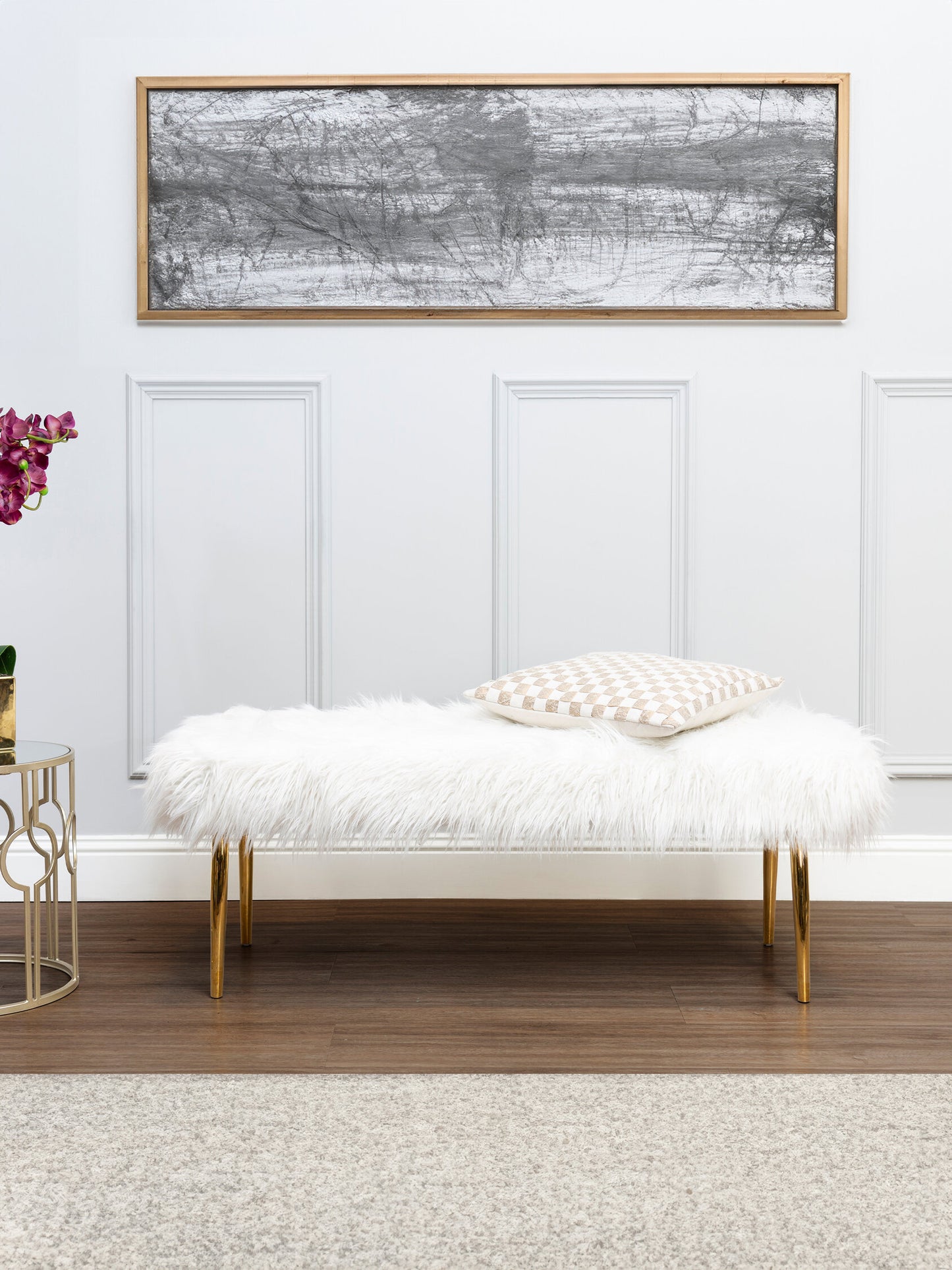 Heidi Fur Effect Bench with Gold Legs