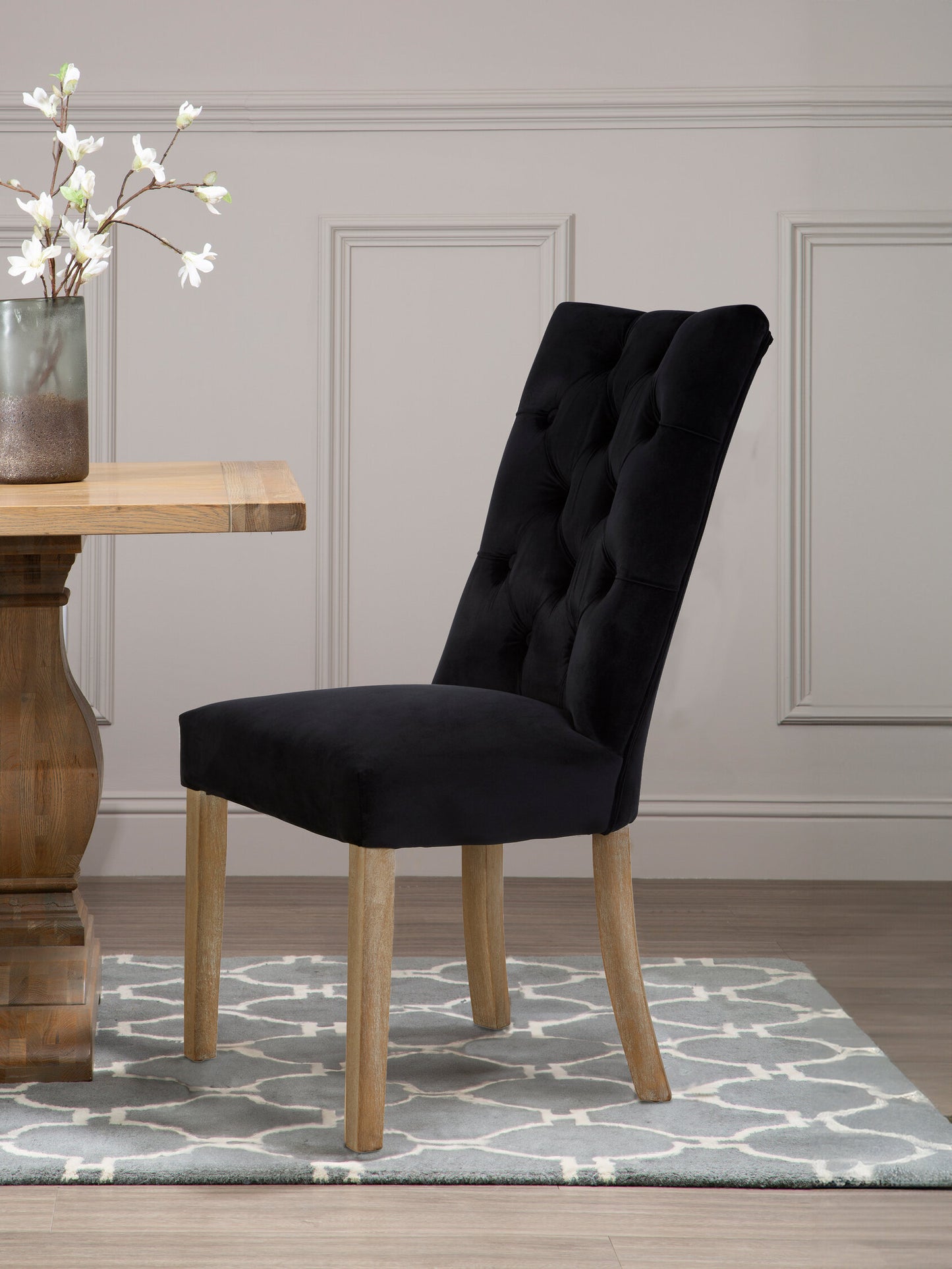 Davenport Luxe Black Buttoned Dining Chair with Antique Legs