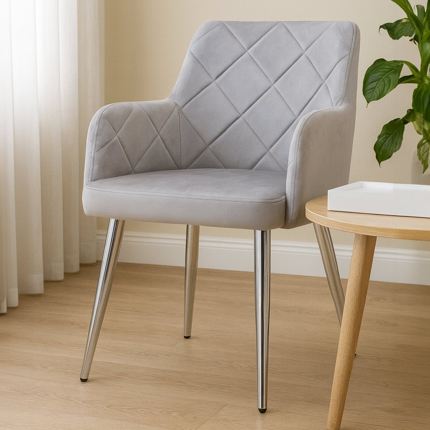 Lorena Mink Velvet Quilted Dining Chair with Chrome Finish Legs
