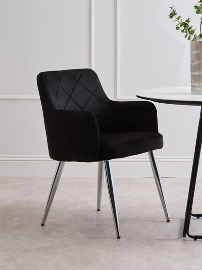 Lorena Black Velvet Quilted Dining Chair with Chrome Finish Legs