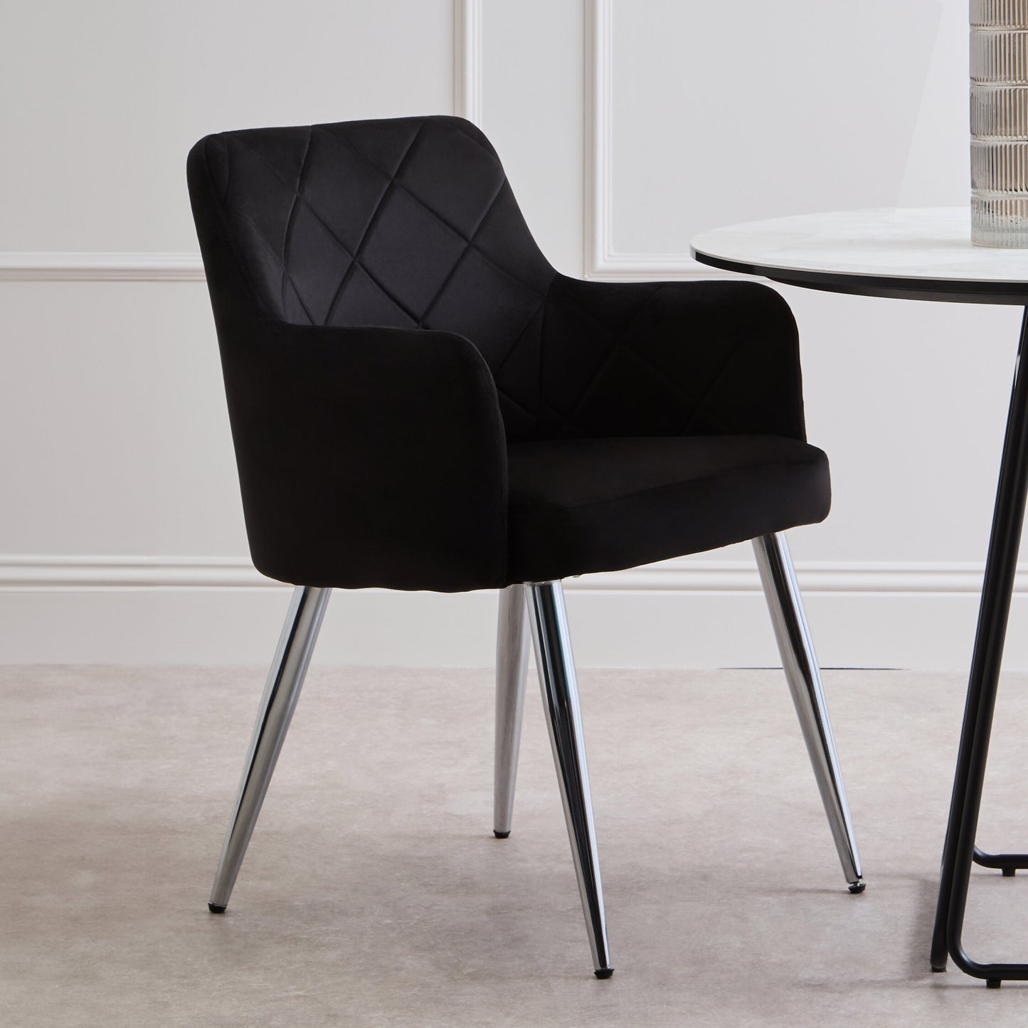 Lorena Black Velvet Quilted Dining Chair with Chrome Finish Legs