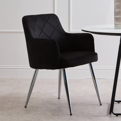 Lorena Black Velvet Quilted Dining Chair with Chrome Finish Legs
