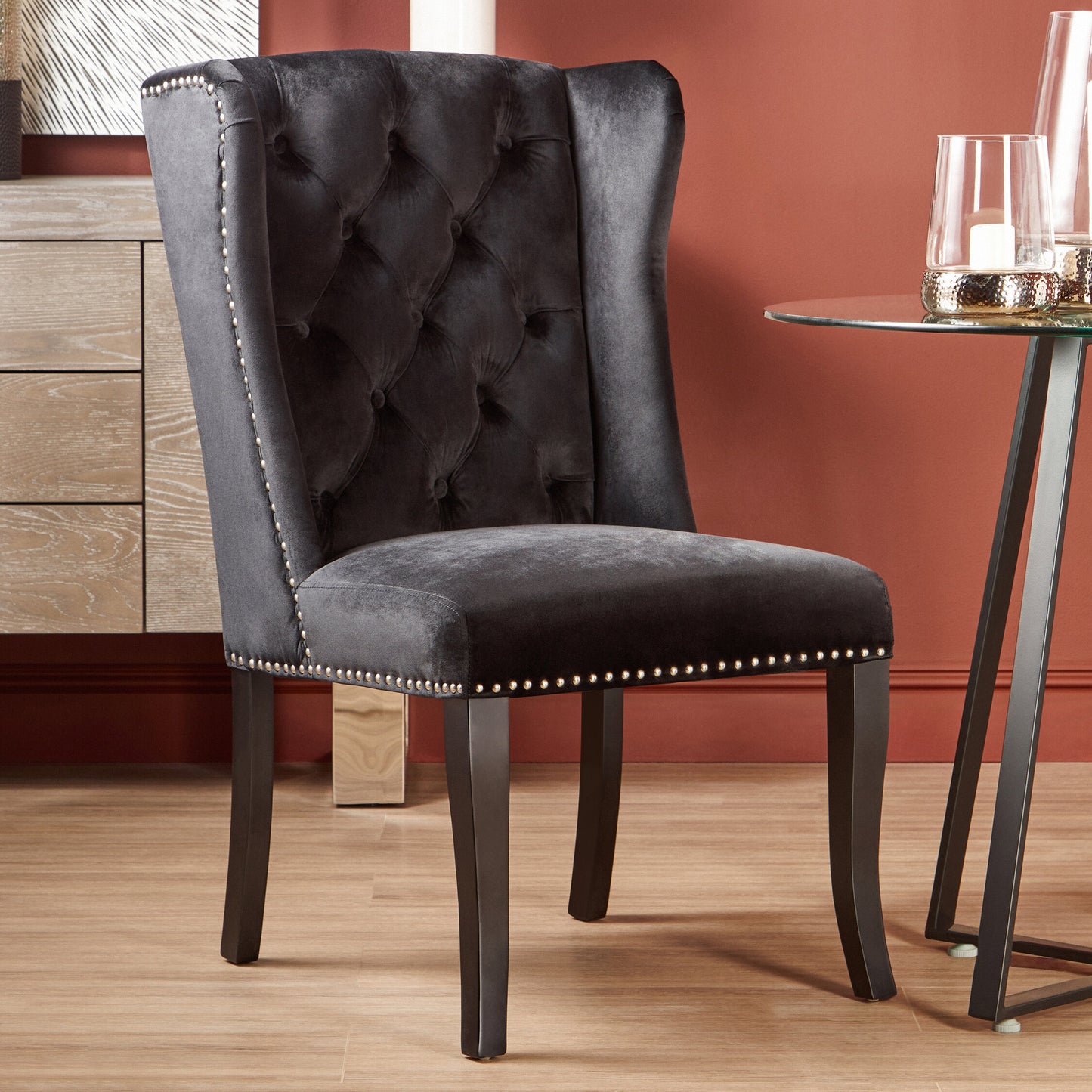 Davenport Luxe Black Velvet Dining Chair with Dark Legs