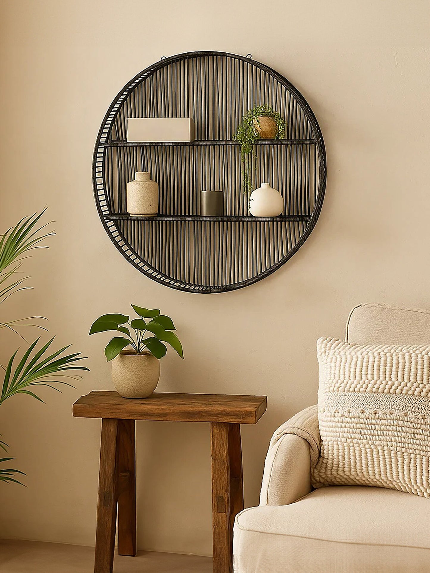 Congo Large Black Rattan Wall Shelf