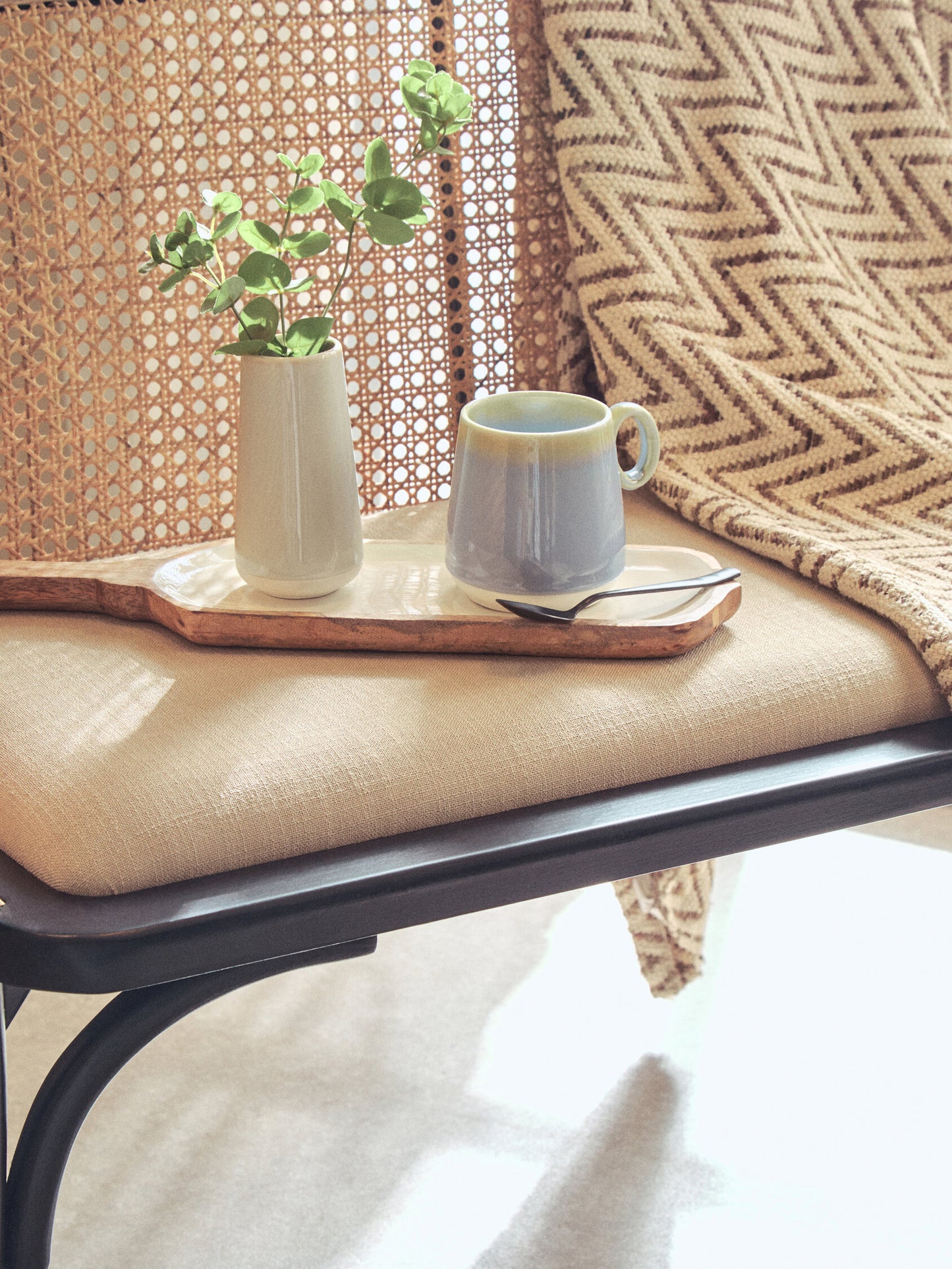 Fiji Natural Cane Bench Seat with Black Beech Wood Frame