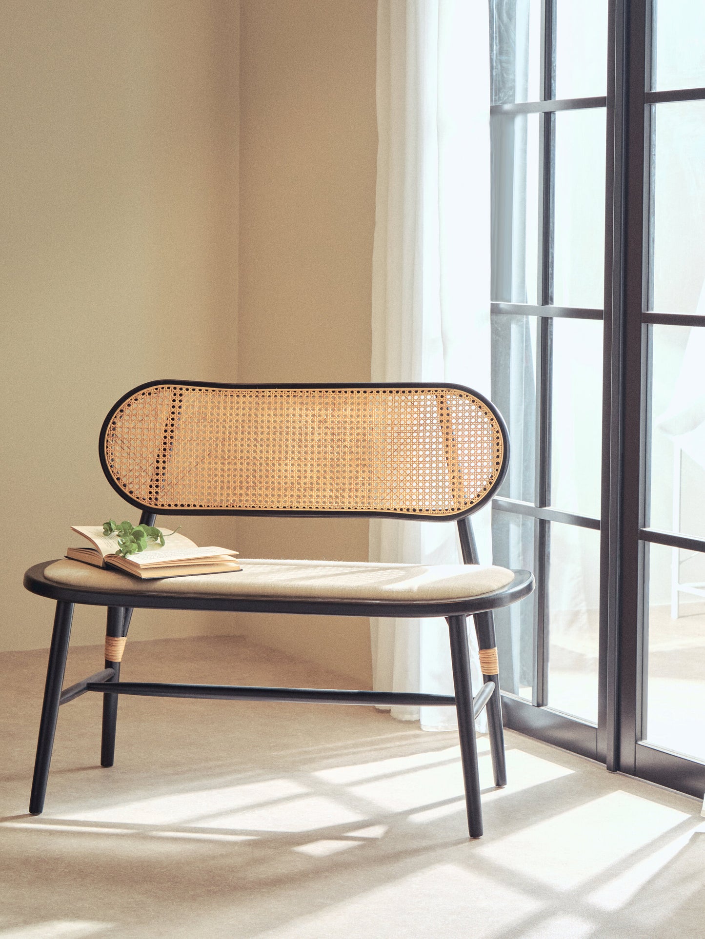 Fiji Natural Cane Bench Seat with Black Elm Wood Frame