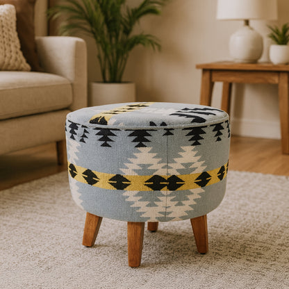 Azteca Kilim Mango Wood Round Footstool