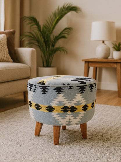 Azteca Kilim Mango Wood Round Footstool