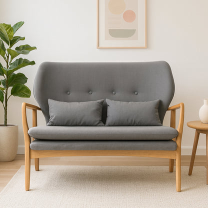 Mid-Century Grey 2 Seater Sofa with Birch Wood Frame