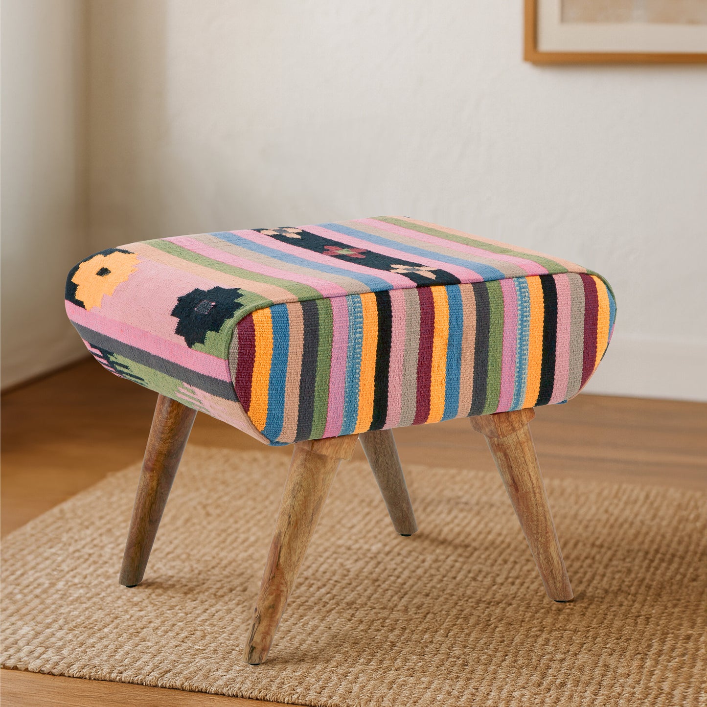 Azteca Multicolour Kilim Mango Wood Footstool