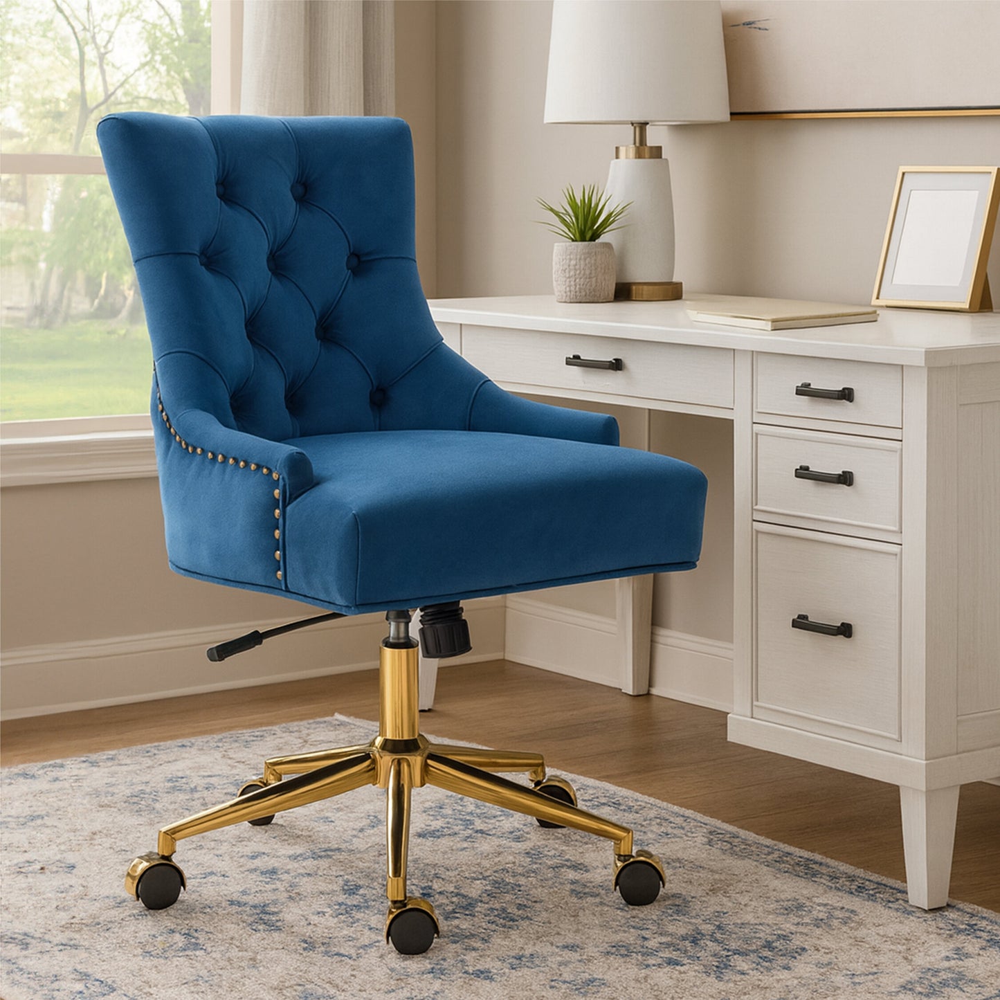 Cleo Blue Velvet and Gold Base Home Office Chair