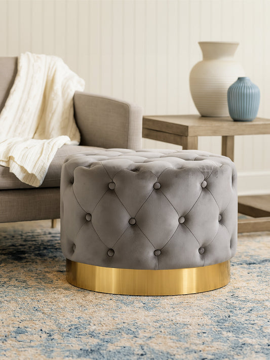 Marylin Grey Velvet Footstool with Matt Gold Metal Base