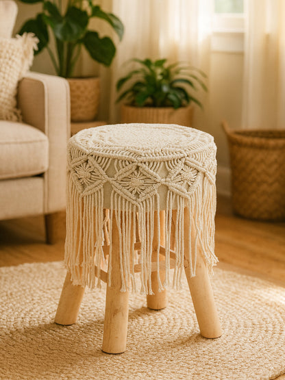 Gigi Natural Wood Boho Woven Seat Footstool