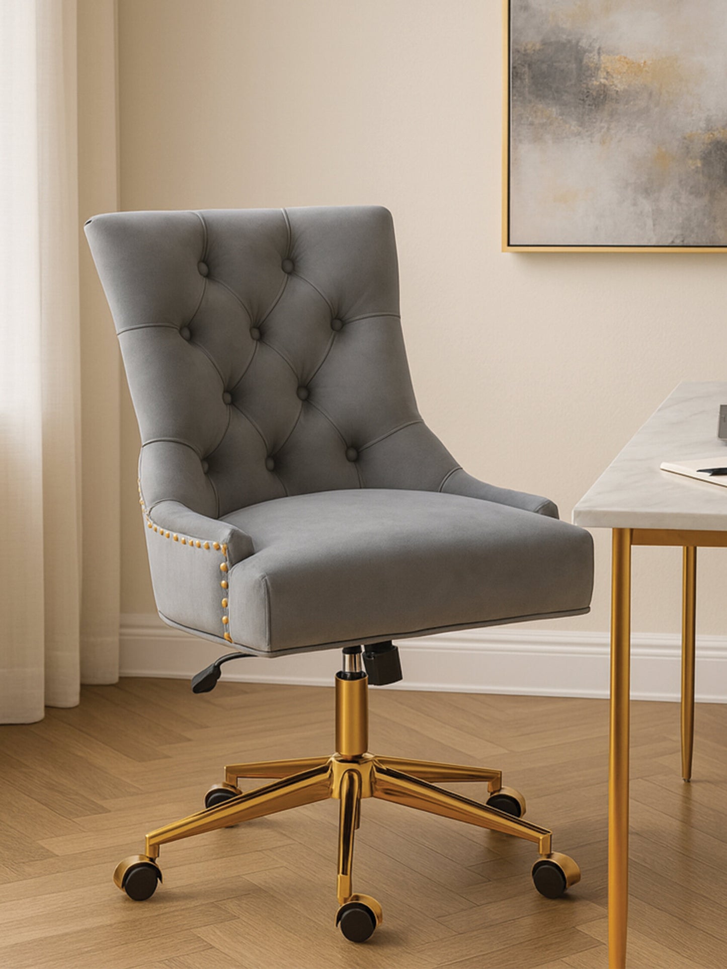 Cleo Grey Velvet and Gold Base Home Office Chair