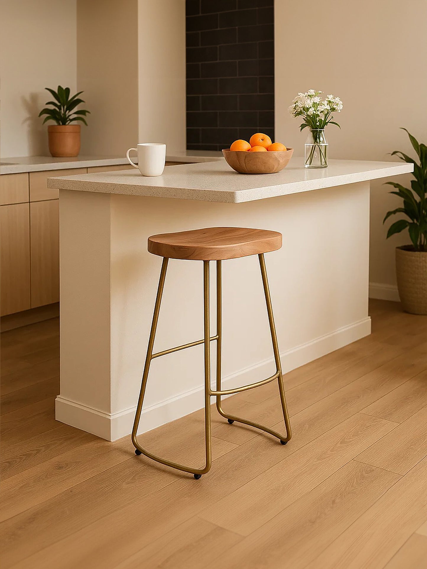 Jersey Acacia Wood and Antique Brass Bar Stool