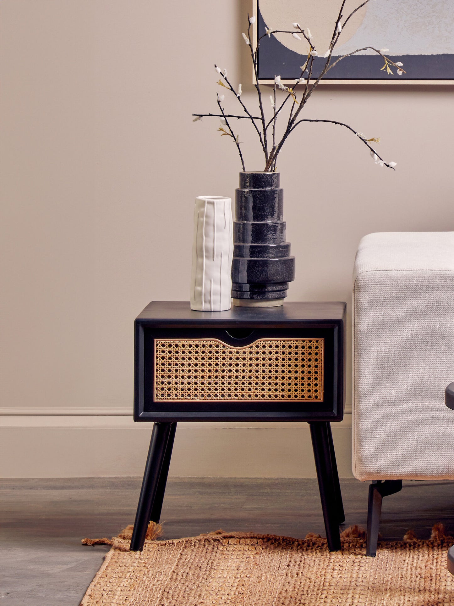 Fiji Black Side Table with Rattan Drawer