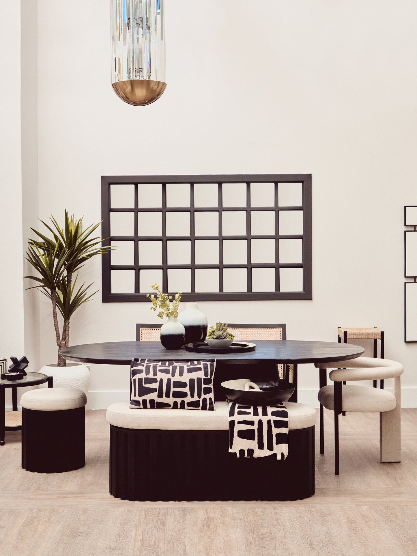Napoli Black Finish Mango Wood and Cream Linen Low Stool