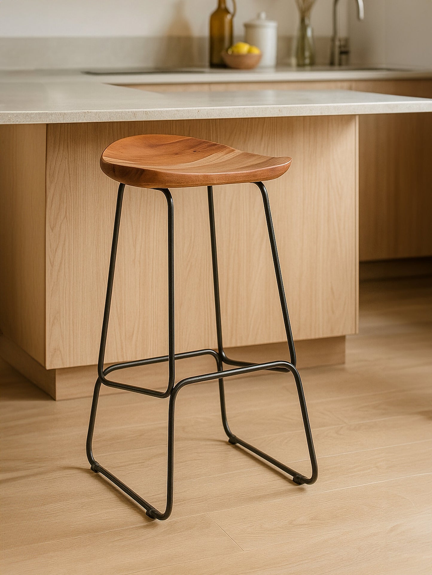 Jersey Acacia Wood and Black Frame Bar Stool