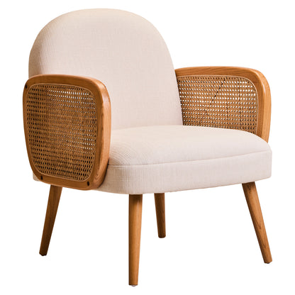 Fiji Ivory Fabric and Cane Armchair with Elm Wood Legs