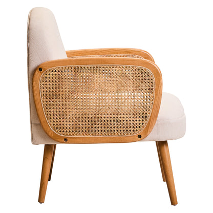 Fiji Ivory Fabric and Cane Armchair with Elm Wood Legs