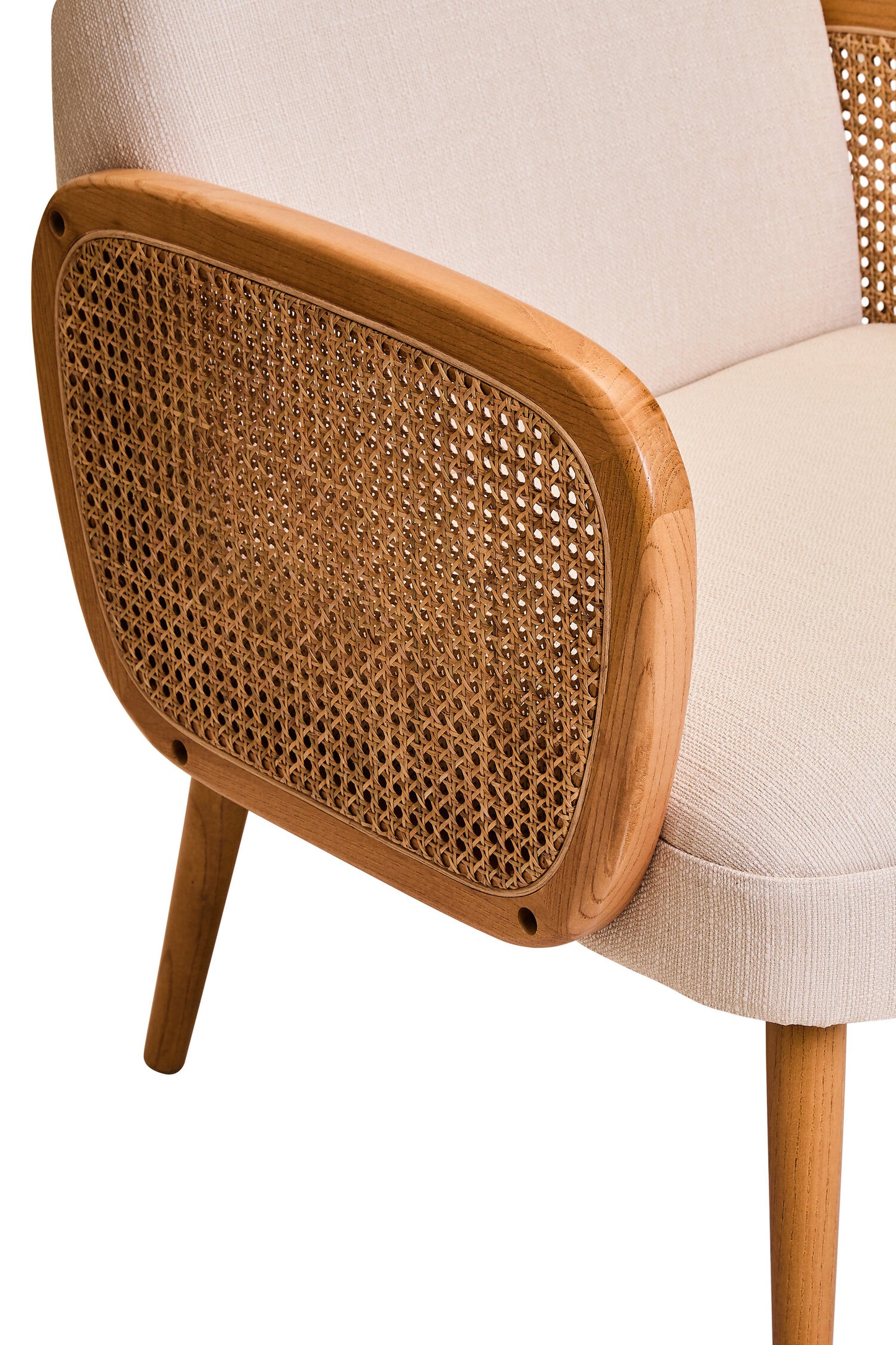 Fiji Ivory Fabric and Cane Armchair with Elm Wood Legs