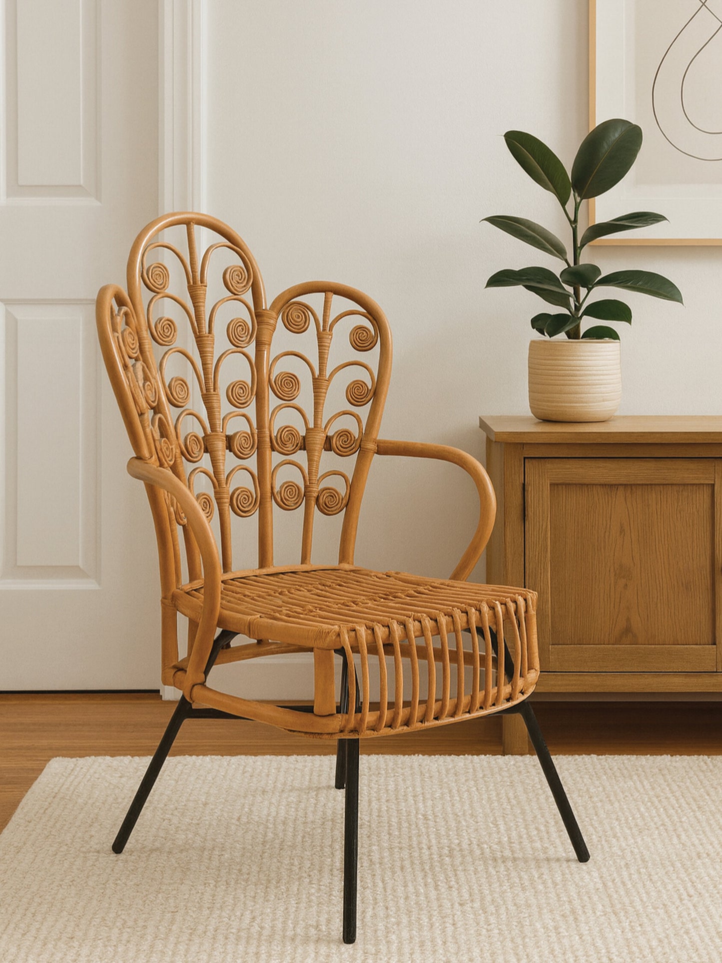 Tropic Natural Rattan Boho Scalloped Back Armchair