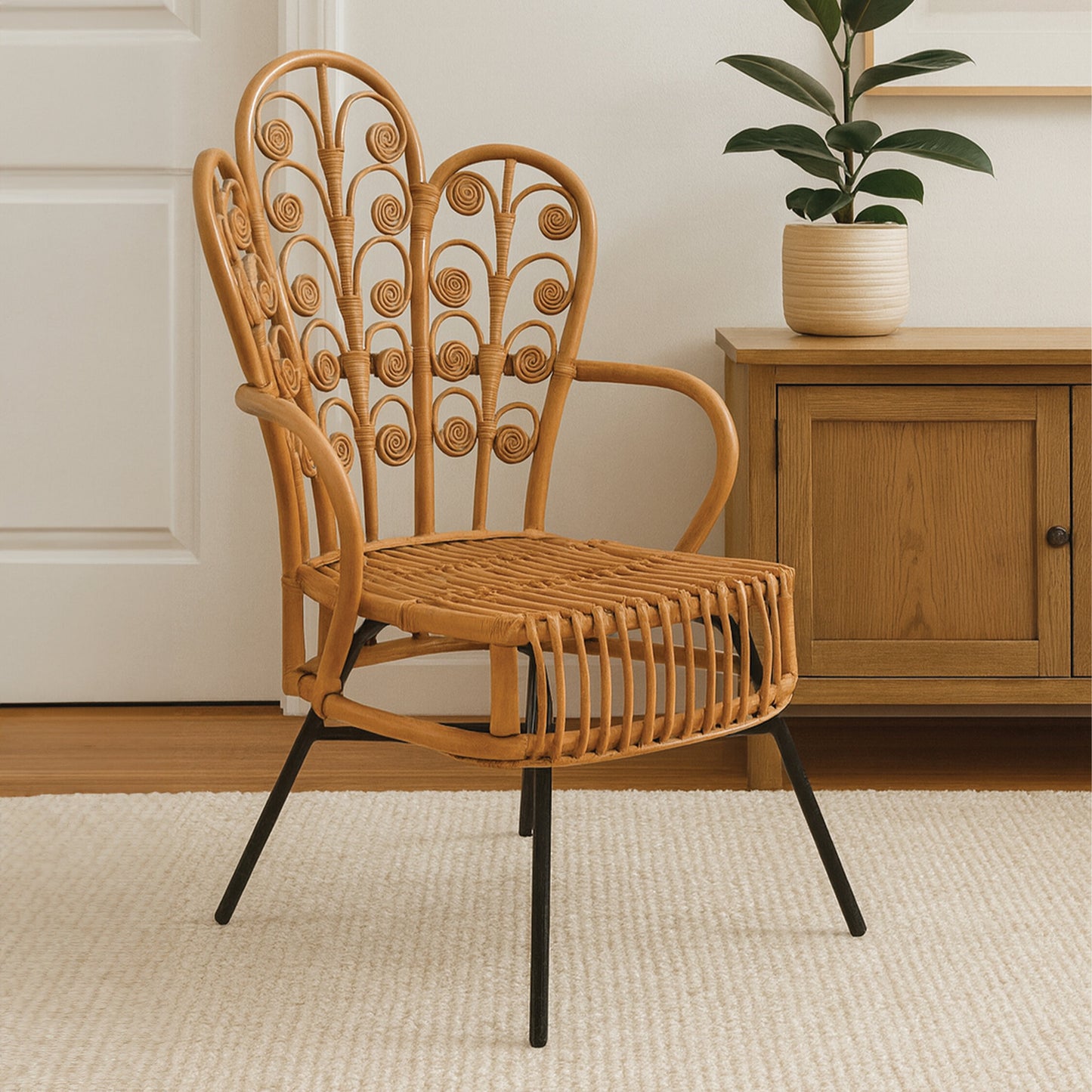 Tropic Natural Rattan Boho Scalloped Back Armchair