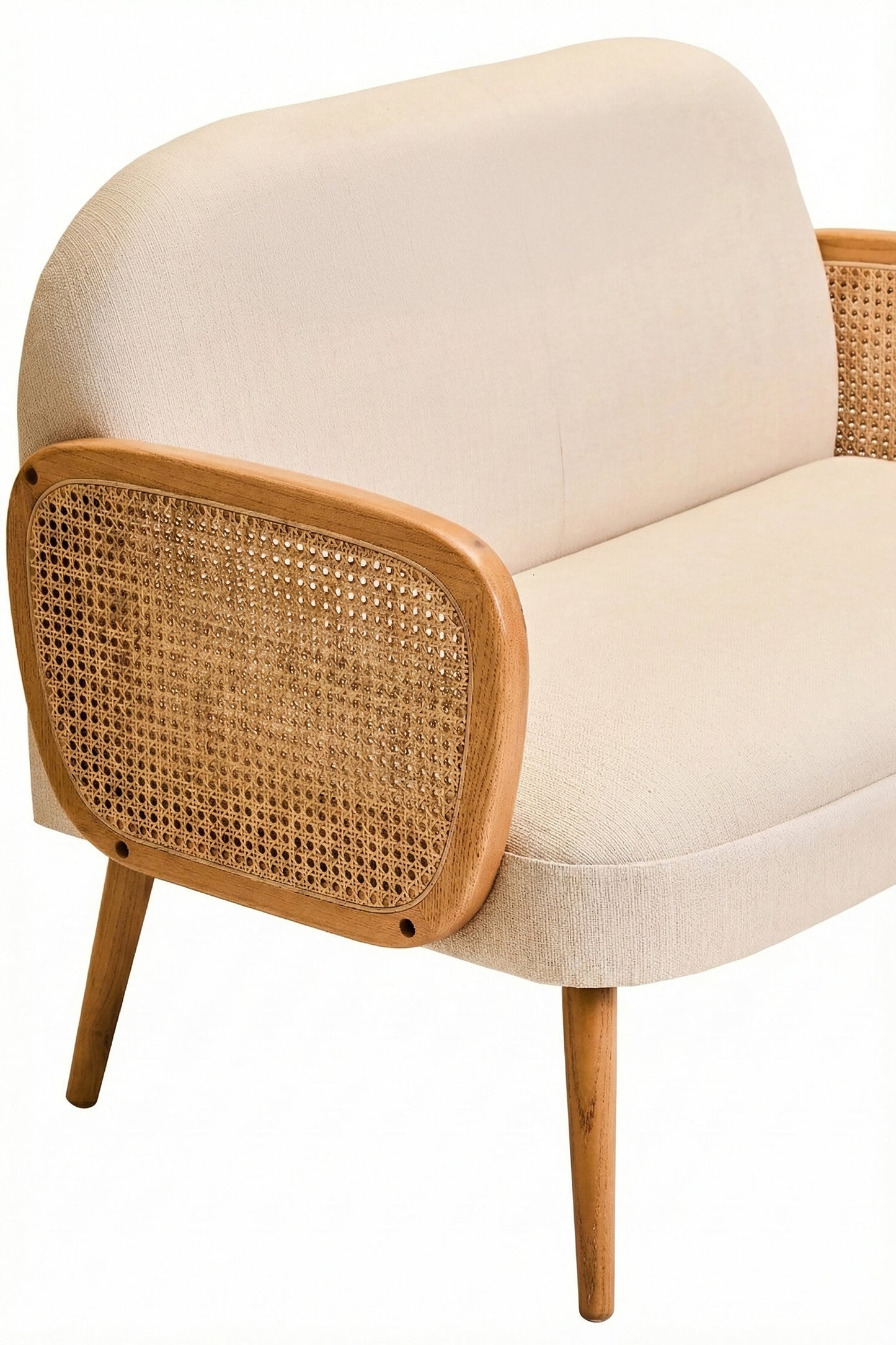 Fiji Ivory Fabric and Cane 2 Seat Sofa with Elm Wood Legs