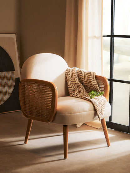 Fiji Ivory Fabric and Cane Armchair with Elm Wood Legs